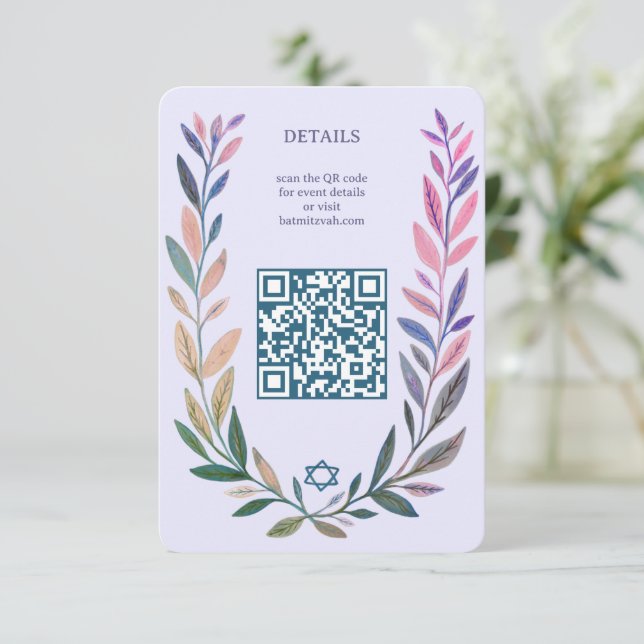 Botanical Watercolor CUSTOM QR Bar Bat Mitzvah Begleitkarte (Stehend Vorderseite)