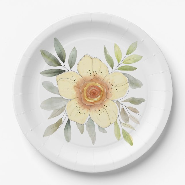 Botanical Watercolor Flower Painting With Foliage Pappteller (Vorderseite)