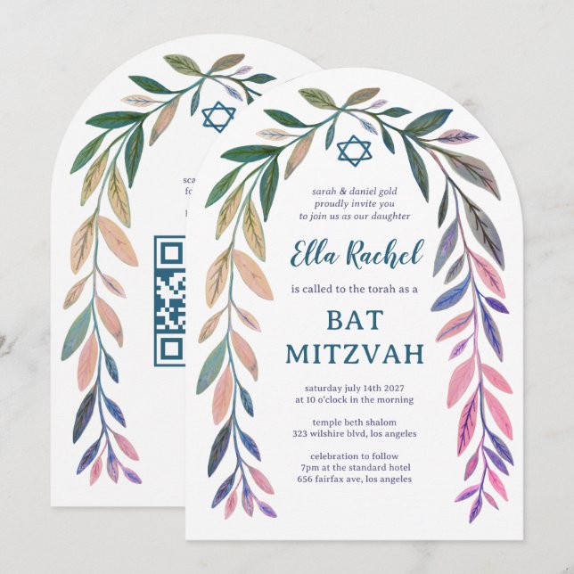 Botanical Watercolor QR Code Bar Bat Mitzvah Arch Einladung (Vorne/Hinten)