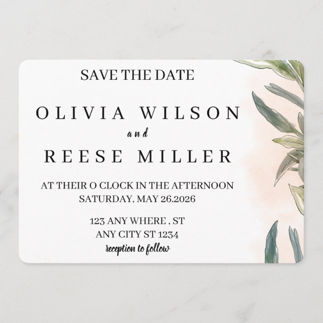 Botanical Watercolor Wedding Save the Date Einladung (Vorderseite)