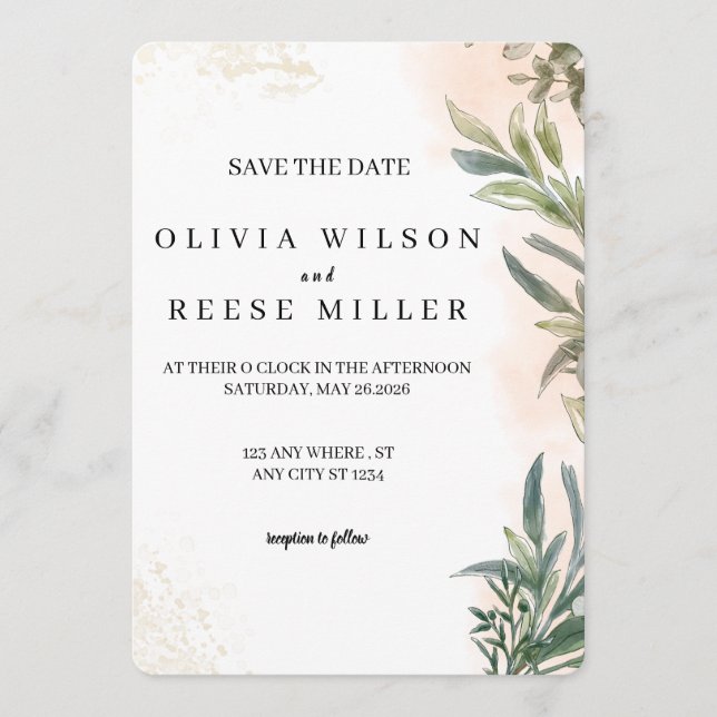 Botanical Watercolor Wedding Save the Date Einladung (Vorderseite)