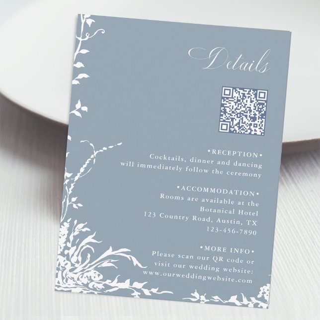 Botanical Wedding QR Code Details Dusty Blue  Begleitkarte (Von Creator hochgeladen)