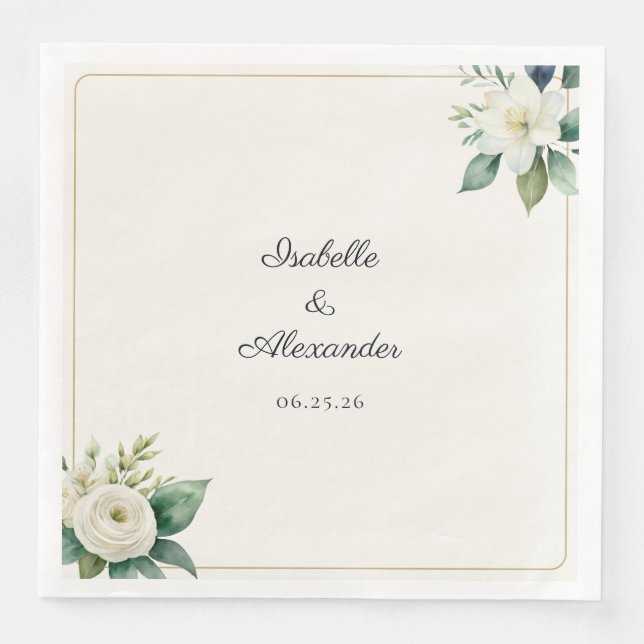 Botanical White Floral Green Leaves Personalized Serviette (Vorderseite)