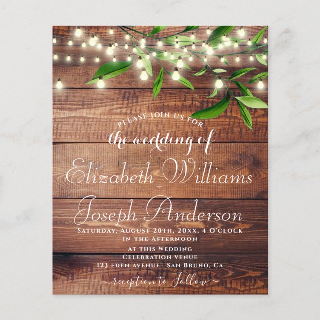 BotanicalFoliage Rustic Wood Lights String Hochzei Flyer (Vorne)