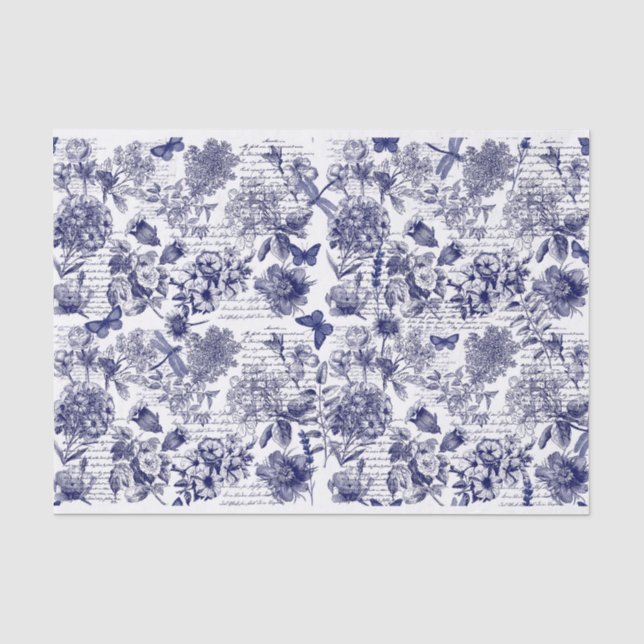Botanicals in blau mit Skriptdecoupage Seidenpapier (Vorderseite)