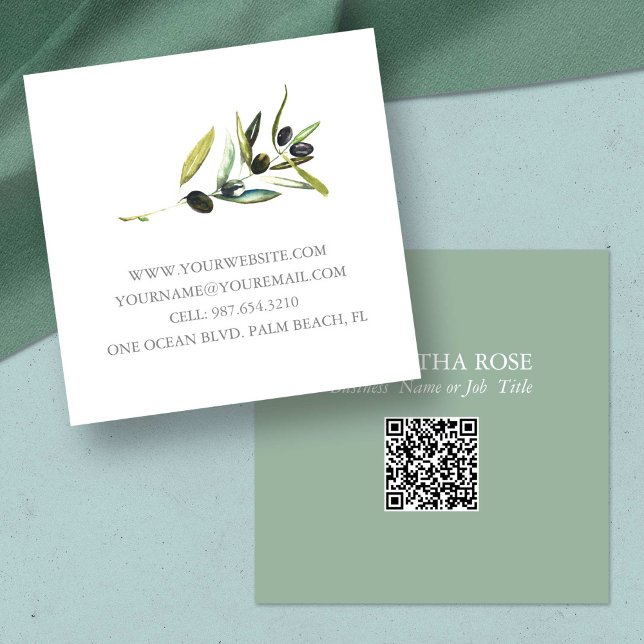 Botanique d'aquarelle Carte de visite unique (unique business cards watercolor botanical olive branch QR code)