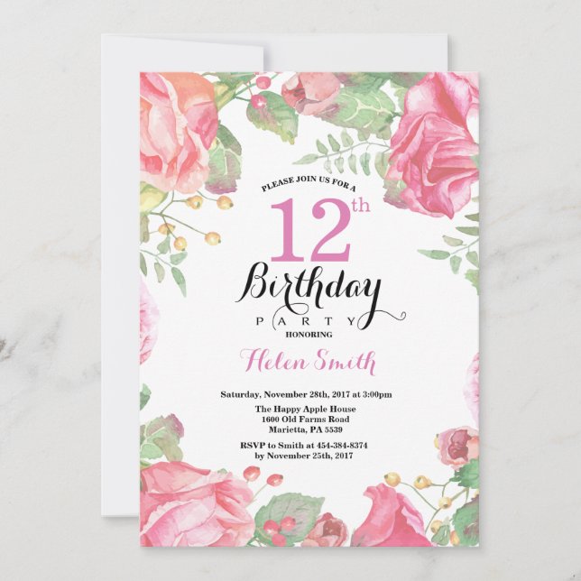 Botanique Floral 12e anniversaire Invitation (Devant)