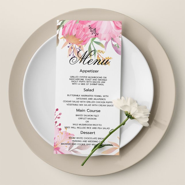 Botanique rose aquarelle fleurs Mariage Menu (Botanic pink watercolor flowers Wedding Menu)