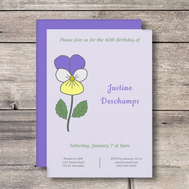 Botanique Sauvage Pansy Invitation Anniversaire (Botanical Wild Pansy Birthday Invitation)