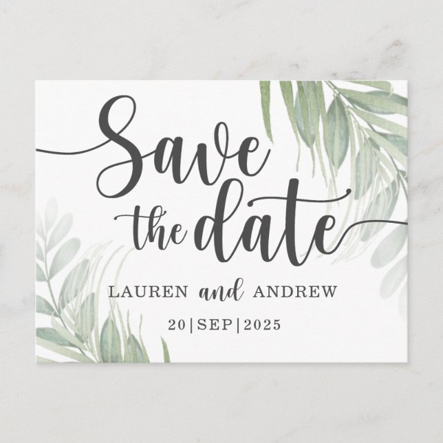 Botanique & Script vert Enregistrer la date Carte  (Devant)