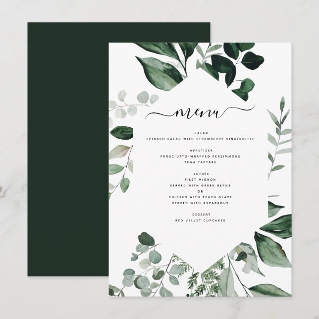Botanique Verdure Foliage Aquarelle Menu Mariage (Devant / Derrière)