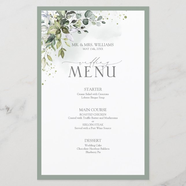 Botanique Vert Floral Aquarelle Menu Mariage (Devant)