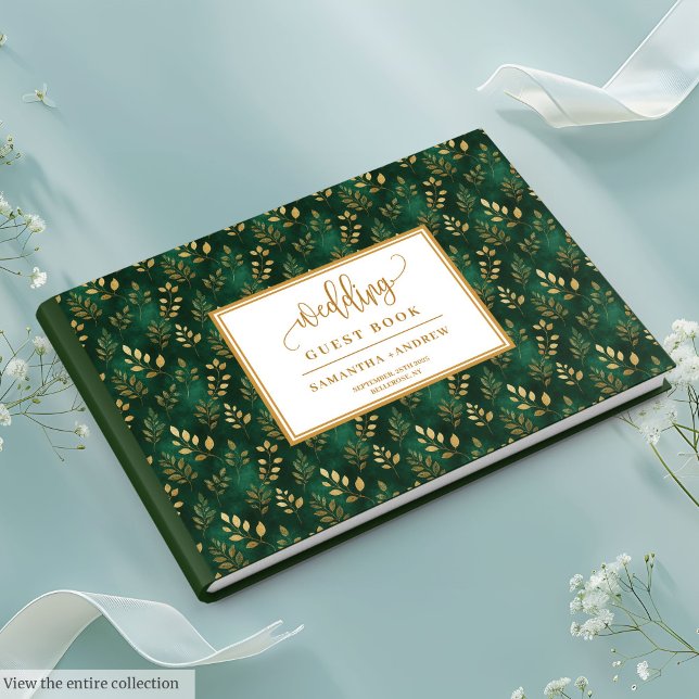 Botanique Vert foncé et Mariage d'or Livre d'hôtes (Botanical Dark Green And Gold Wedding Guest Book)