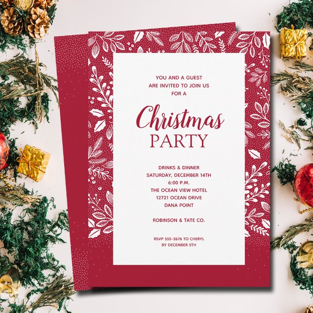 Botaniques blancs Cranberry Christmas Invitations (White botanicals border on cranberry Christmas invitations, PRINTED and/or INSTANT DOWNLOAD)