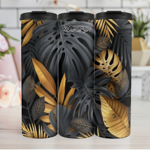 Botanisch abstrakt Schwarz und Gold Thermosbecher