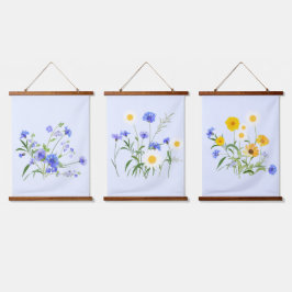 Botanisch-blaue gelbe Wildblumen Wandteppich Mit Holzrahmen