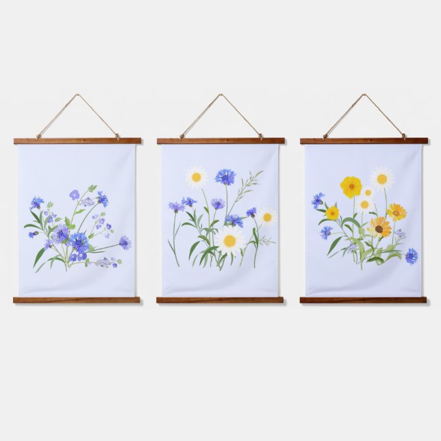 Botanisch-blaue gelbe Wildblumen Wandteppich Mit Holzrahmen (Dreifach)