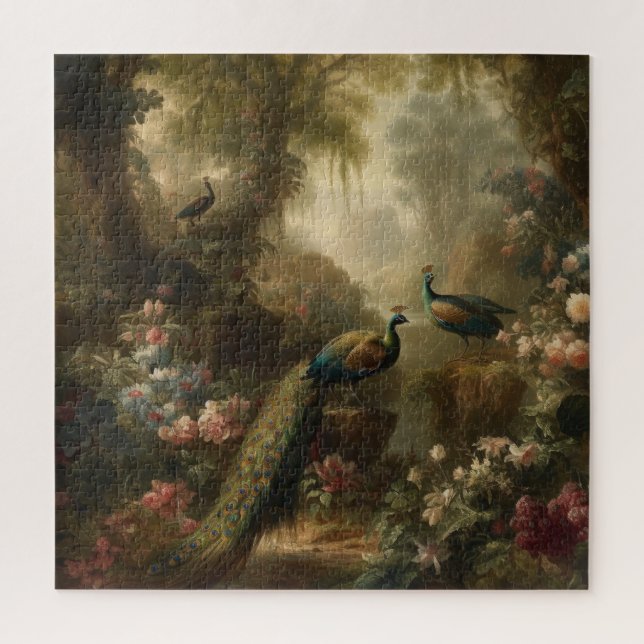 Botanisch: drei Pfauen im englischen Garten (Vertikal)