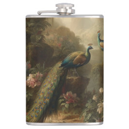 Botanisch: drei Pfauen im englischen Garten Flachmann