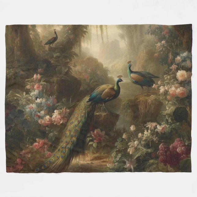 Botanisch: drei Pfauen im englischen Garten Fleecedecke (Vorderseite (Horizontal))