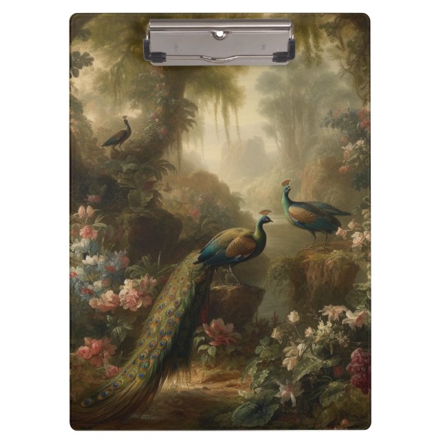 Botanisch: drei Pfauen im englischen Garten Klemmbrett (Vorderseite)