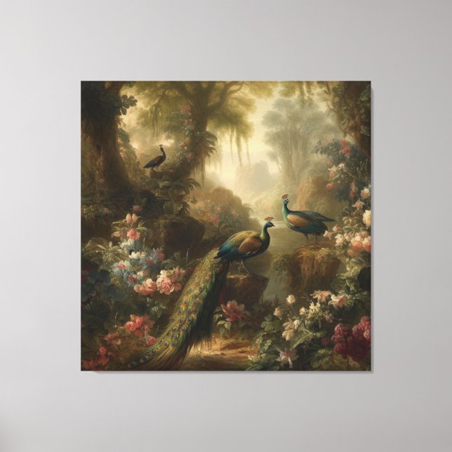 Botanisch: drei Pfauen im englischen Garten Leinwanddruck (Vorderseite)