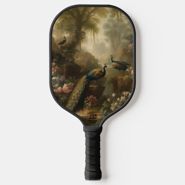Botanisch: drei Pfauen im englischen Garten Pickleball Schläger (Vorderseite)
