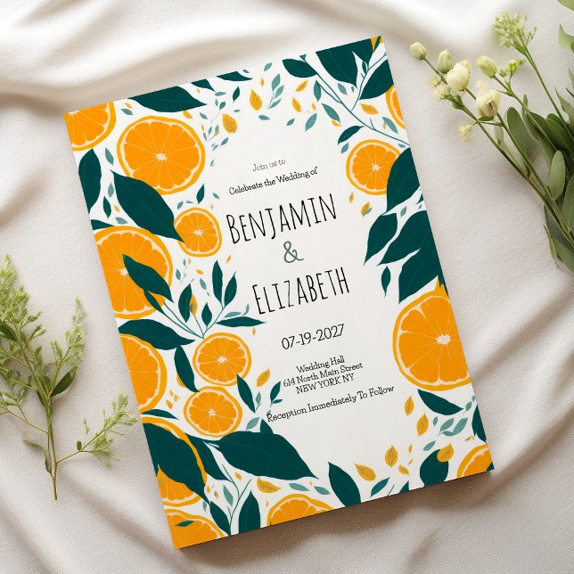Botanisch dunkelgrüne Zitrusfrüchte Hochzeit Einladung (Botanical dark green citrus orange fruit Wedding)