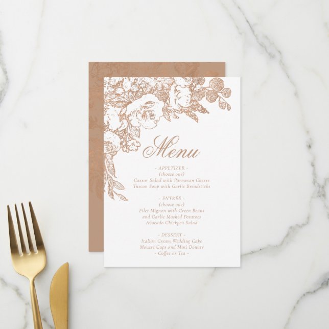 Botanisch elegant | Kupfer Rose Gold Floral Menükarte (Vorderseite/Rückseite Beispiel)
