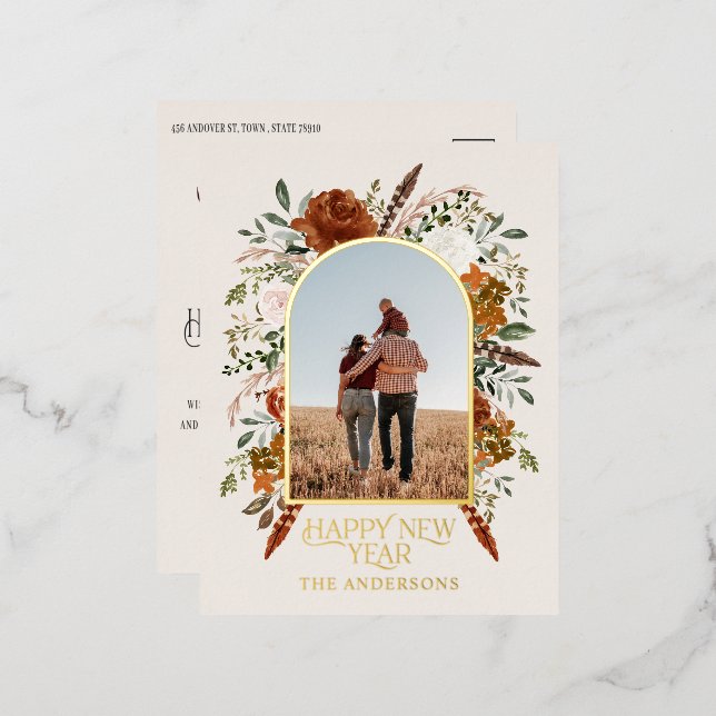 Botanisch elegante, traditionelle Neujahrshausmitt Folien Feiertagspostkarte (Vorderseite/Rückseite)