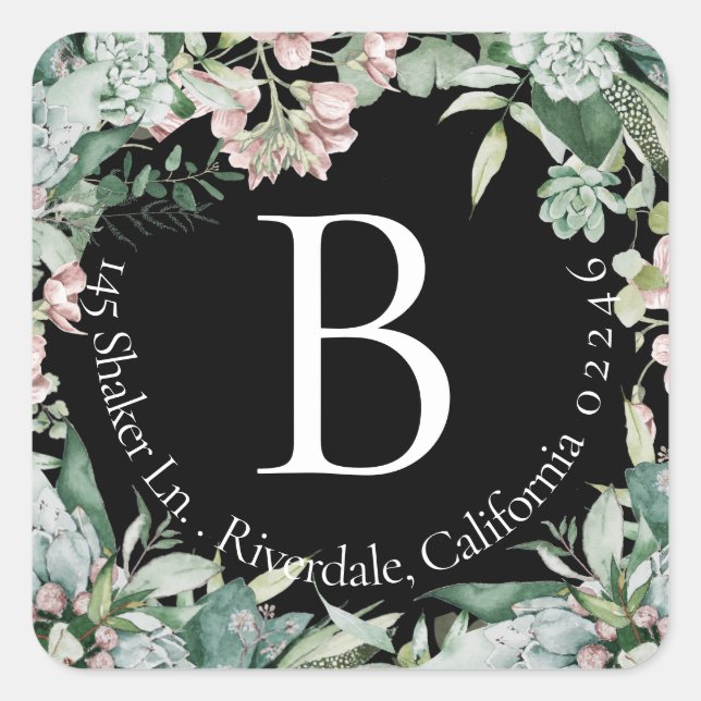 botanisch | Elegantes Monogram-Rücksendeadresse-Et Quadratischer Aufkleber (Vorderseite)