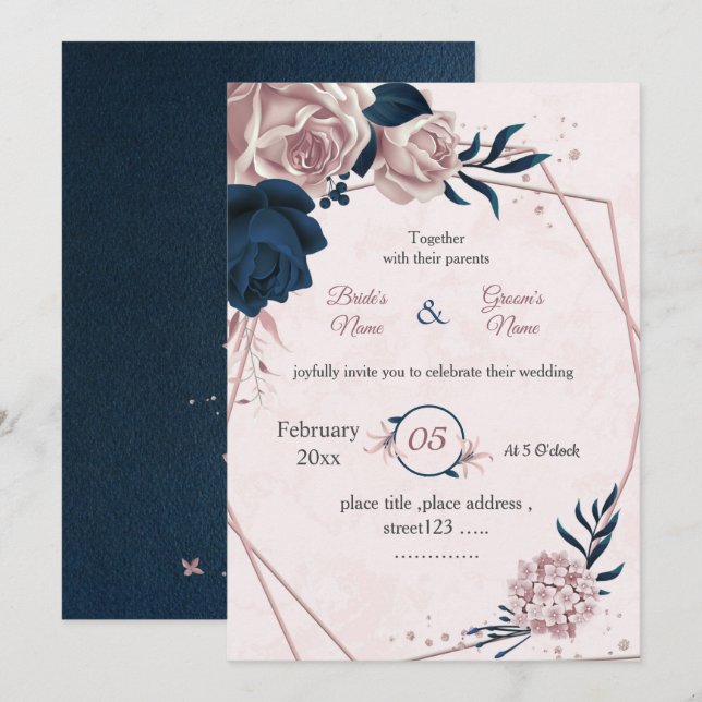 Botanisch-geometrische Hochzeit der Blume Marine u Einladung (Vorne/Hinten)