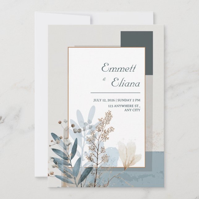 Botanisch geometrische Hochzeit in Blau und Beige Einladung (Vorderseite)
