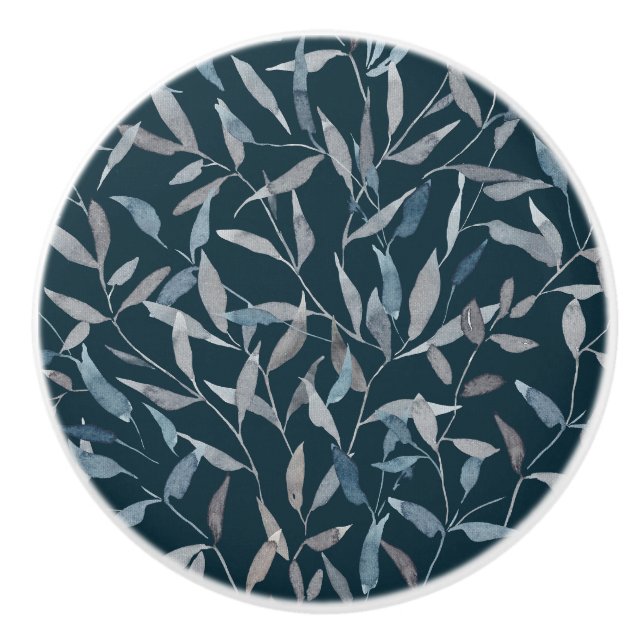 Botanisch graue graublaue Blätter auf dunkelblau Keramikknauf (Vorderseite)