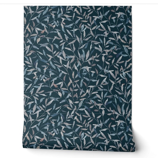 Botanisch graue graublaue Blätter auf dunkelblau Tapete (Abrollen)