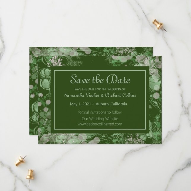 Botanisch grün und rosa save the date (Vorderseite/Rückseite Beispiel)