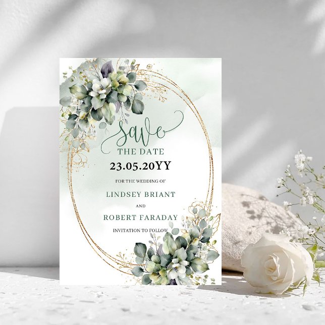 Botanisch Grün Weiß Gold Save The Date (Botanical Green White Gold Save The Date)