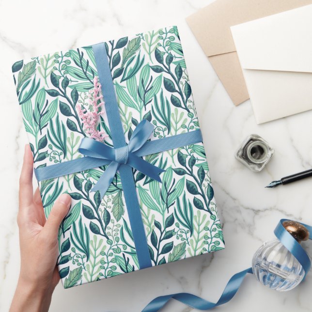 Botanisch grüne blaue Blätter Packpapier (Schenken)
