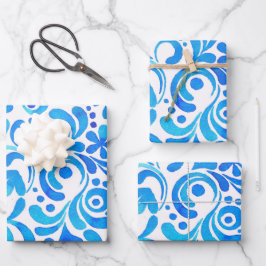 Botanisch lebendiges Blau und Weiß Geschenkpapier Set