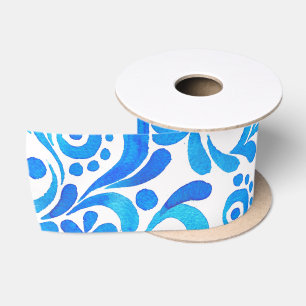 Botanisch lebendiges Blau und Weiß Satinband