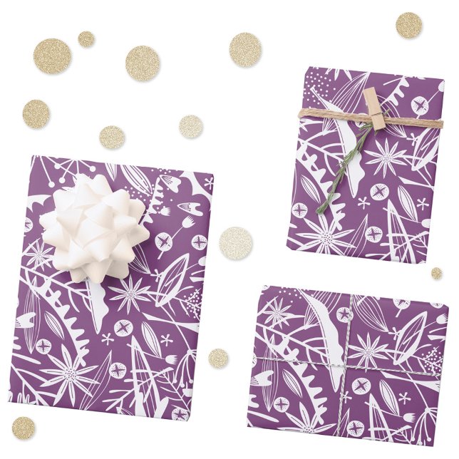 Botanisch Lila modern Geschenkpapier Set (Purple and white botanical leaf and flower silhouette pattern gift wrapping paper )