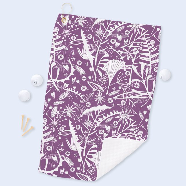 Botanisch Lila modern Golfhandtuch (Purple and white botanical leaves and wildflower pattern art golf towel)