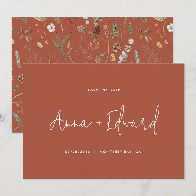 Botanisch-moderne Terrakotta auf Hochzeiten Save The Date (Vorne/Hinten)