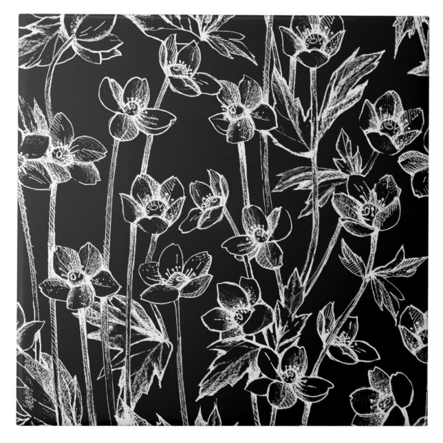 Botanisch niedlich Schwarz/Weiß  Fliese (Vorderseite)