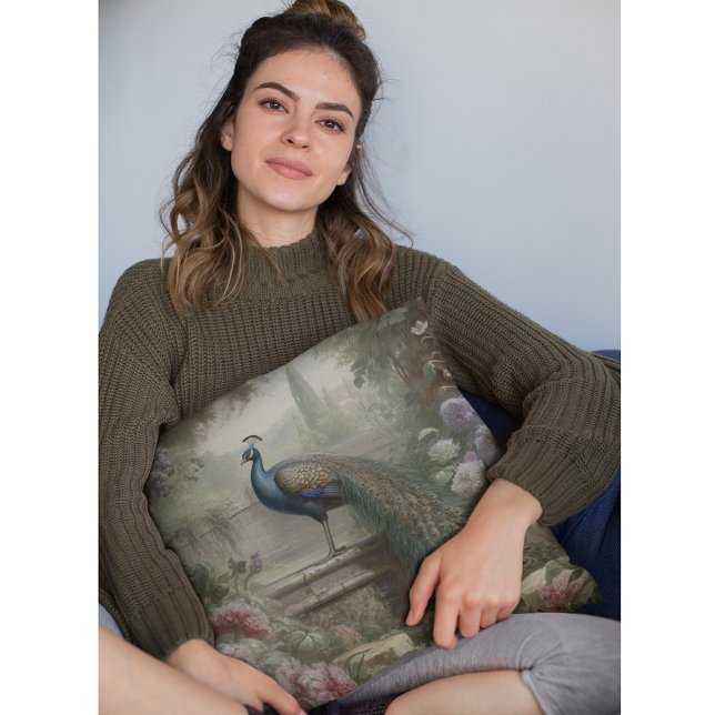 Botanisch: Pfau auf Treppen in einem englischen Ga Kissen (Von Creator hochgeladen)