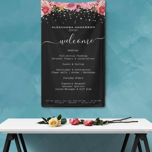 Botanisch rosa Blume Diamant Glitzer Schwarzer Sal Banner (Botanical Pink Flowers Diamond Glitter Black Salon Banner)