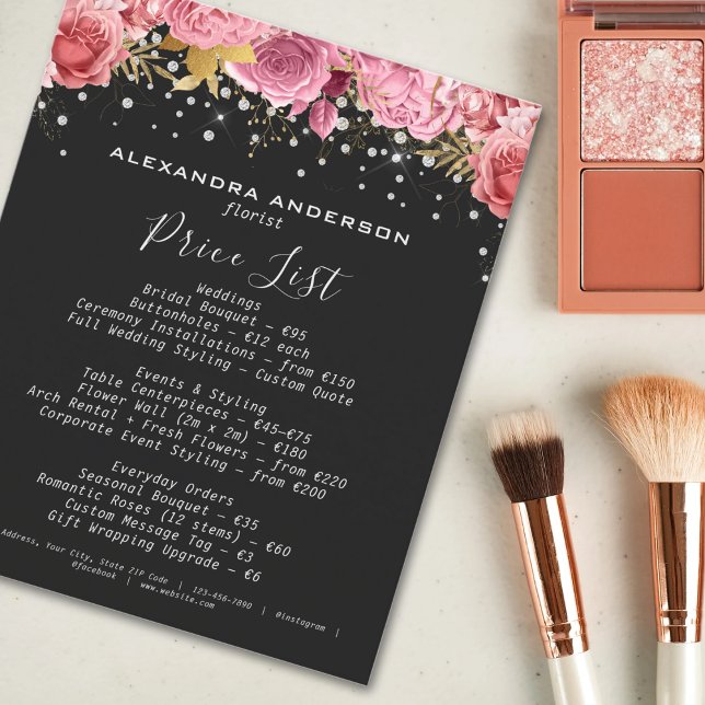 Botanisch rosa Blume Diamant Glitzer Schwarzer Sal Flyer (Botanical Pink Flowers Diamond Glitter Black Salon Flyer)