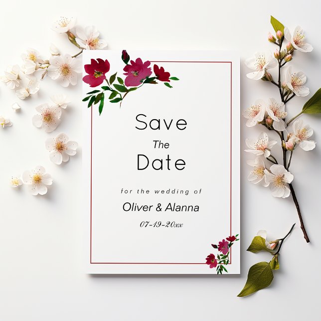 Botanisch rosa bordeauxgrün Save the Date Einladung (Botanical pink burgundy green floral Save The Date)
