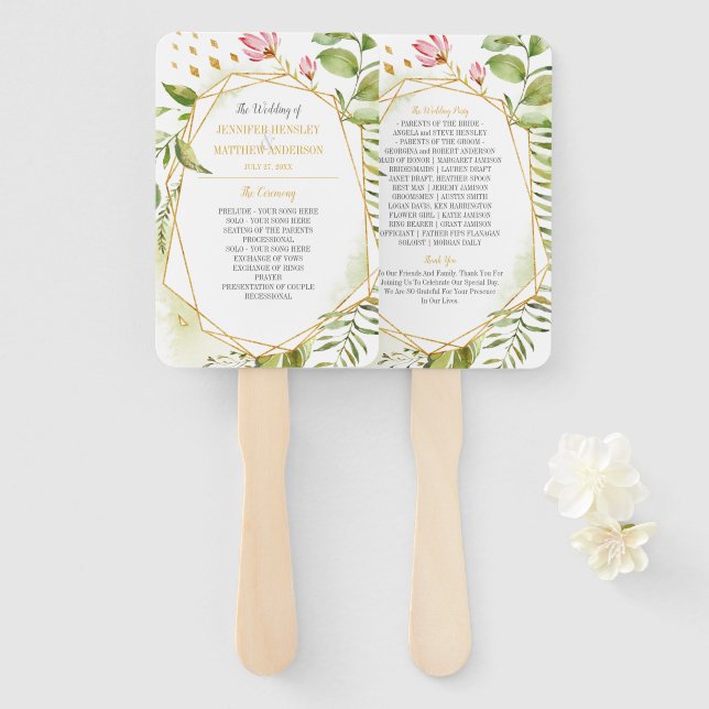 Botanisch rosa, grüne goldene Rahmen Hochzeit Fächer (Vorne und Hinten)