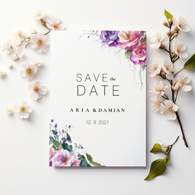 Botanisch rosa lila Korallen Save the Date Einladung (Botanical pink purple coral floral Save the Date)